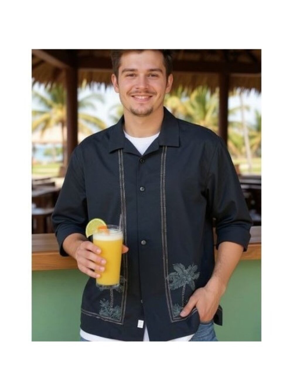 Havana Jack's Cafe Hawaiian Button Up Black, Green Gold  Embroidery Size L VACAY